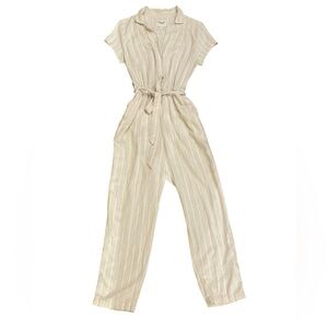 Abercrombie & Fitch Linen Blend Jumpsuit Striped Cream Tie Waist Medium Flowy